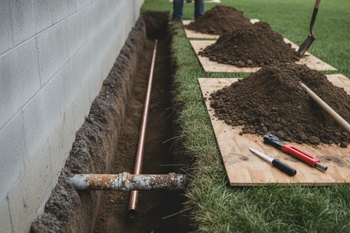 Excavated water line trench during Sewer Line Repair in Cedar Valley